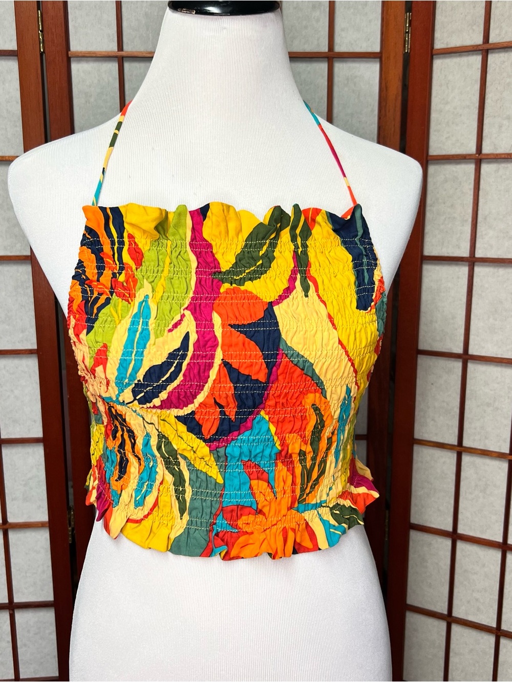 Olivaceous Yellow Multicolor Smocked Halter Crop Top